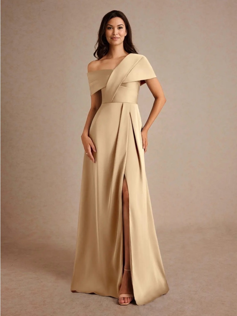 Azazie One-Shoulder Champagne Evening Gown. Mother of the Bride